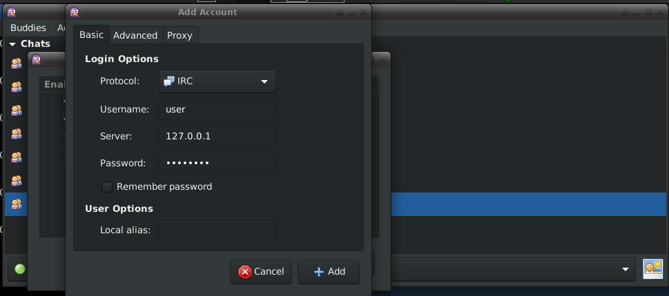 Pidgin Step Three Configure username, hostname, password